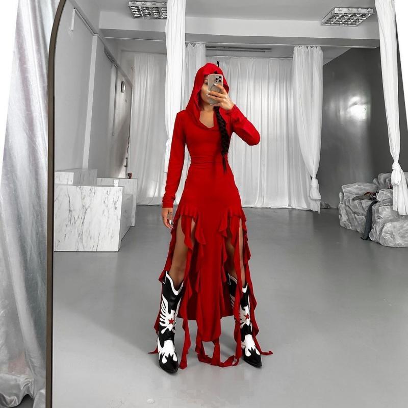 Summer Popular Trend Ruffled Stitching Long Sleeve Hooded Irregular Asymmetric Dress Red