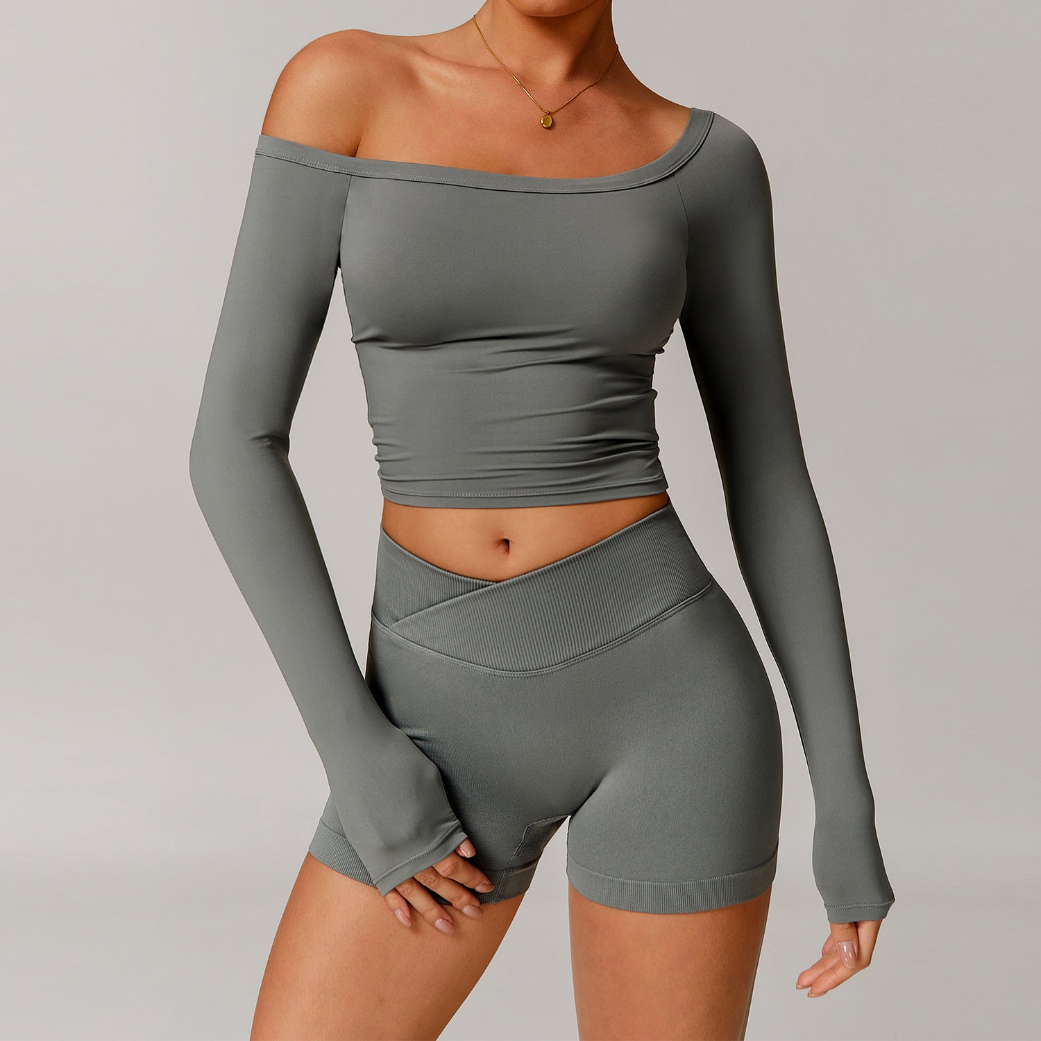 Yoga Long Sleeve T shirt Women Sexy off the Shoulder Long Sleeved Brushed Tight Sports Workout Clothes Far Mountain Gray