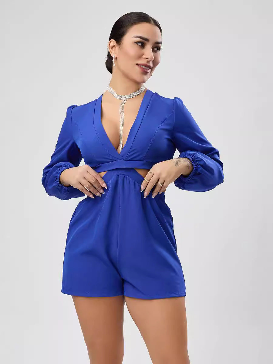 V neck Lace up Long Sleeved Jumpsuit Autumn Sexy Cutout Shorts royal blue