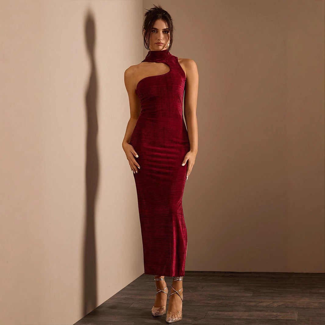 Women Dress Texture Velvet Fabric Turtleneck Chest Hollowed Asymmetric Sleeveless Dress