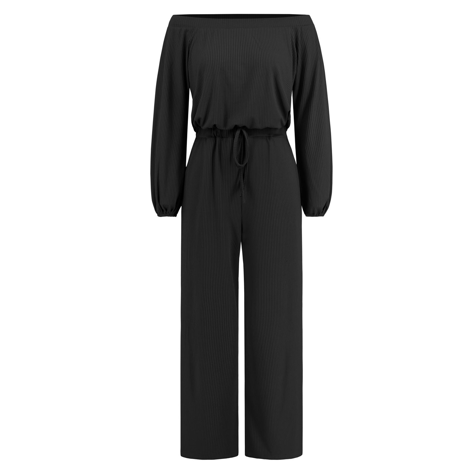 Women Clothing Autumn Winter Casual Off Shoulder Long Sleeve Waist Slimming Jumpsuit Lace Up Wide Leg Trousers Black