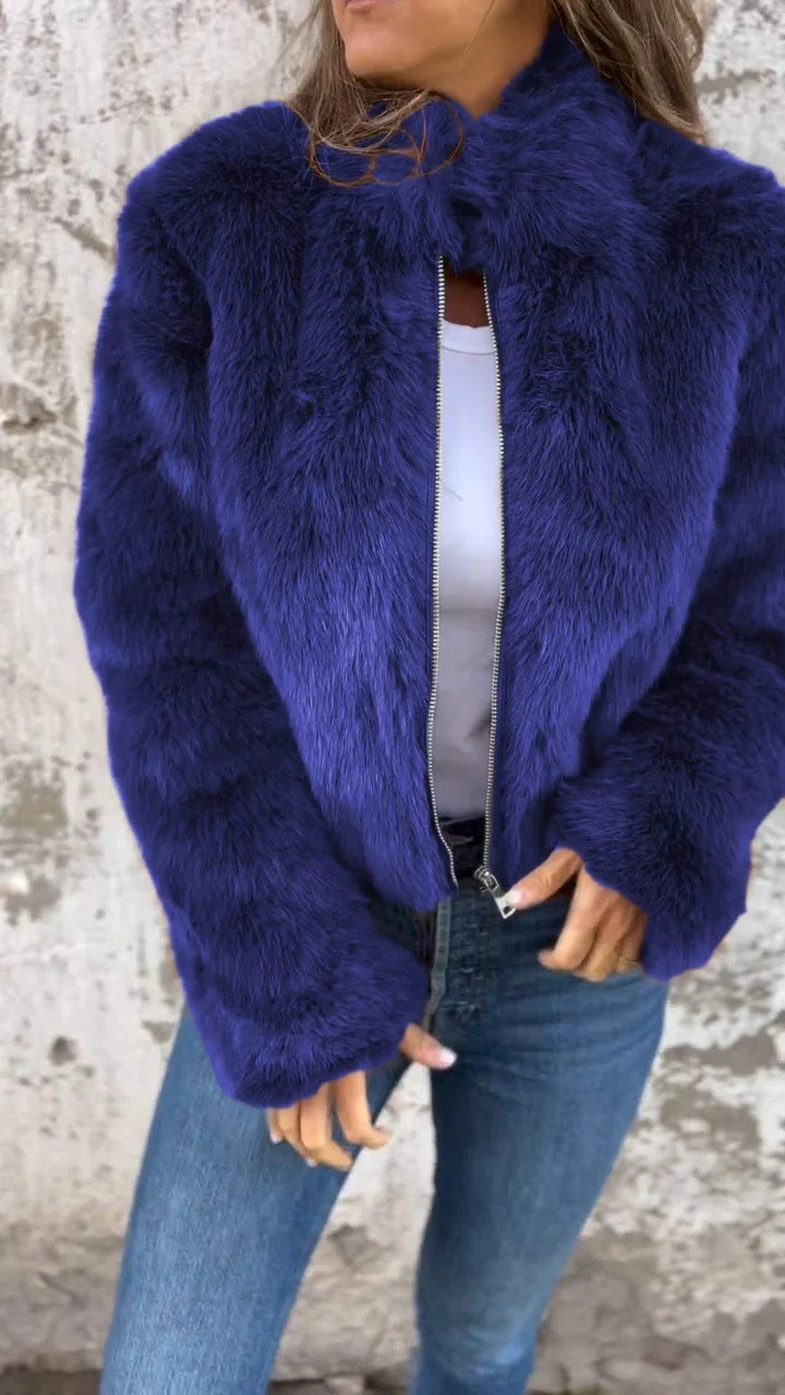 Women Clothing Women Autumn Winter Faux Fur Turtleneck Zipper Casual Top Coat Blue