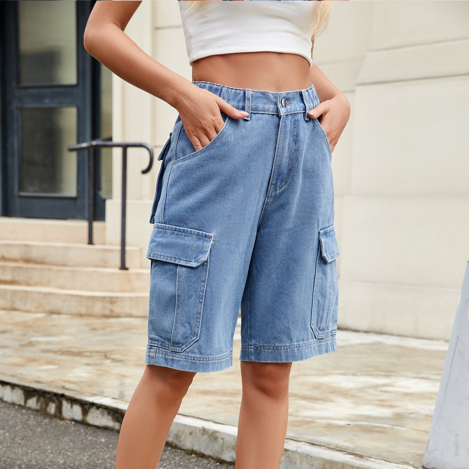 Women Clothing Summer Elastic Waist Denim Cargo Pants Shorts Trendy