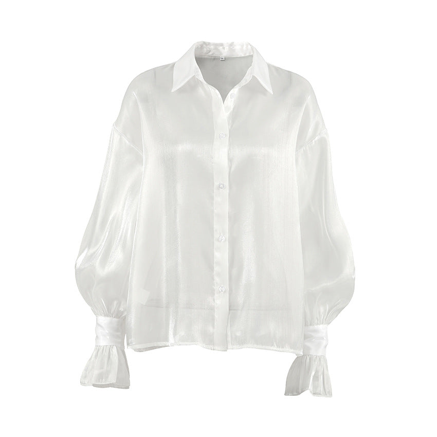 Spring Summer White Collared Sexy See through Yarn Shirt Ruffle Top