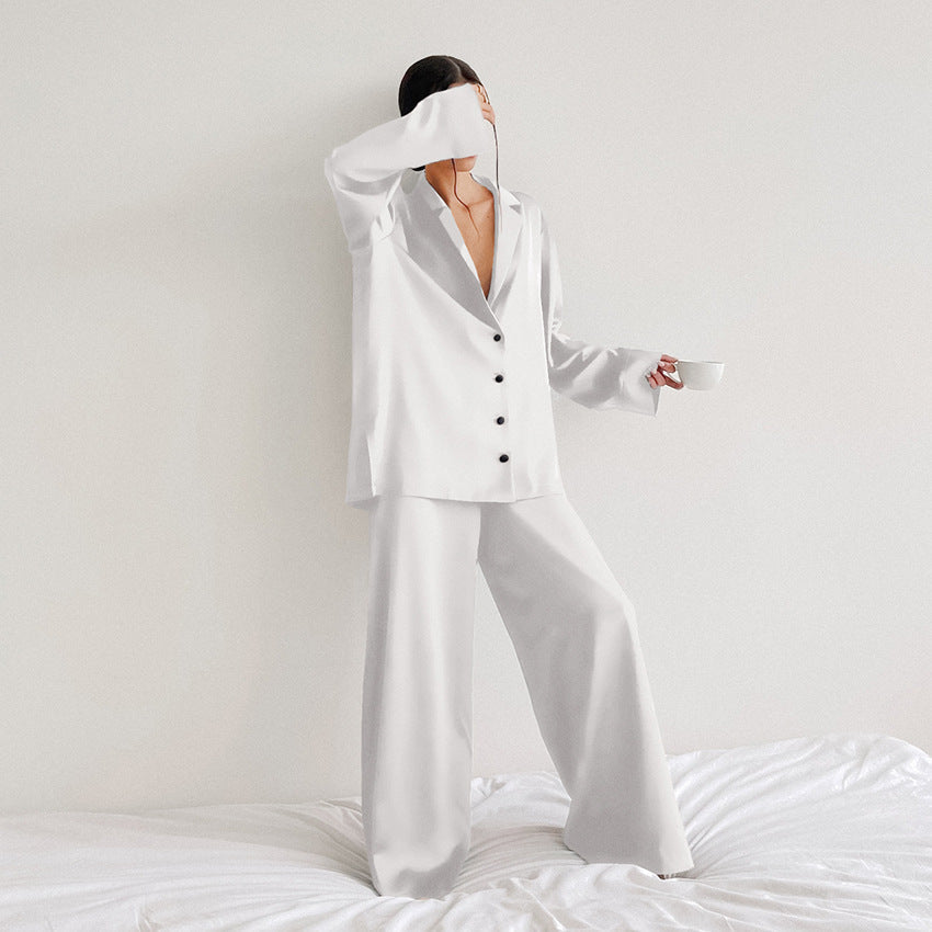 Spring Summer Blue Thin Women Home Silk-like Solid Color Pajamas Ice Silk Loose Can Be Worn outside White