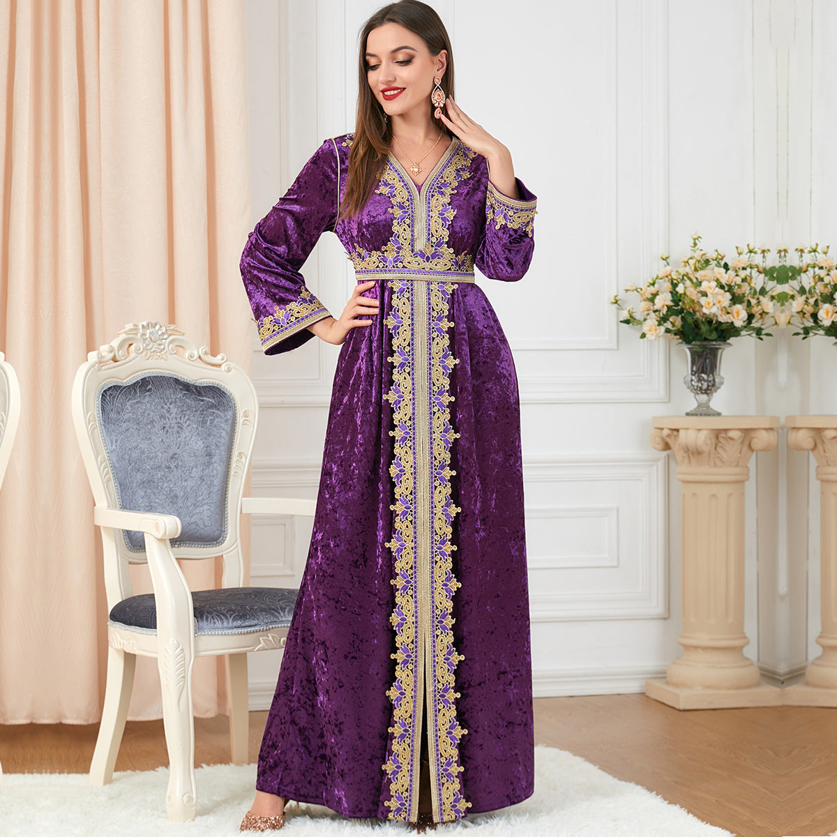 Women's Clothing Popular Long Sleeve Split Autumn Winter Women's Wear Dubai Velvet Dress Purple