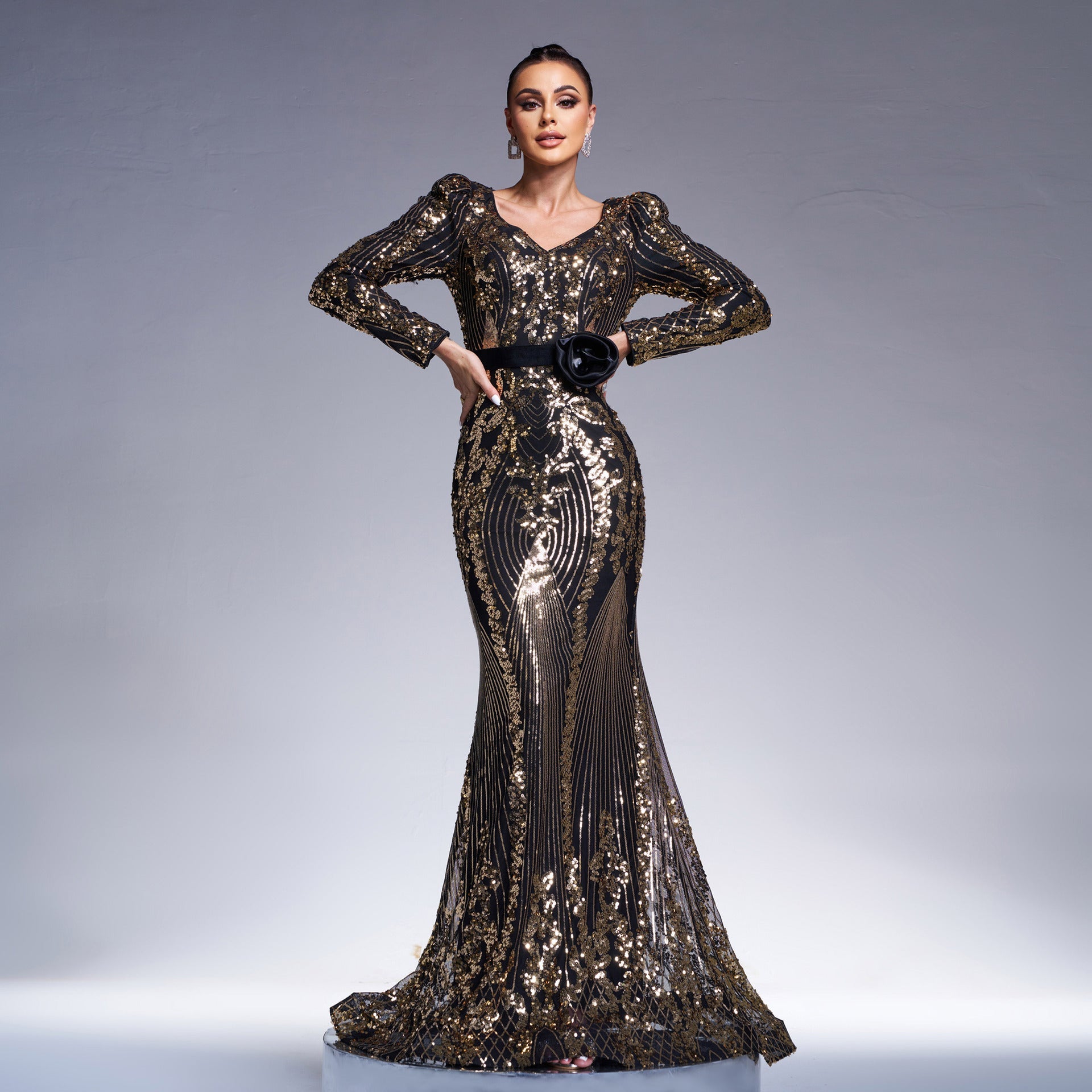 Women Clothing High End Long Sleeved V neck Slim Fit Sheath Cocktail Sequined Fishtail Evening Dress Dress Black