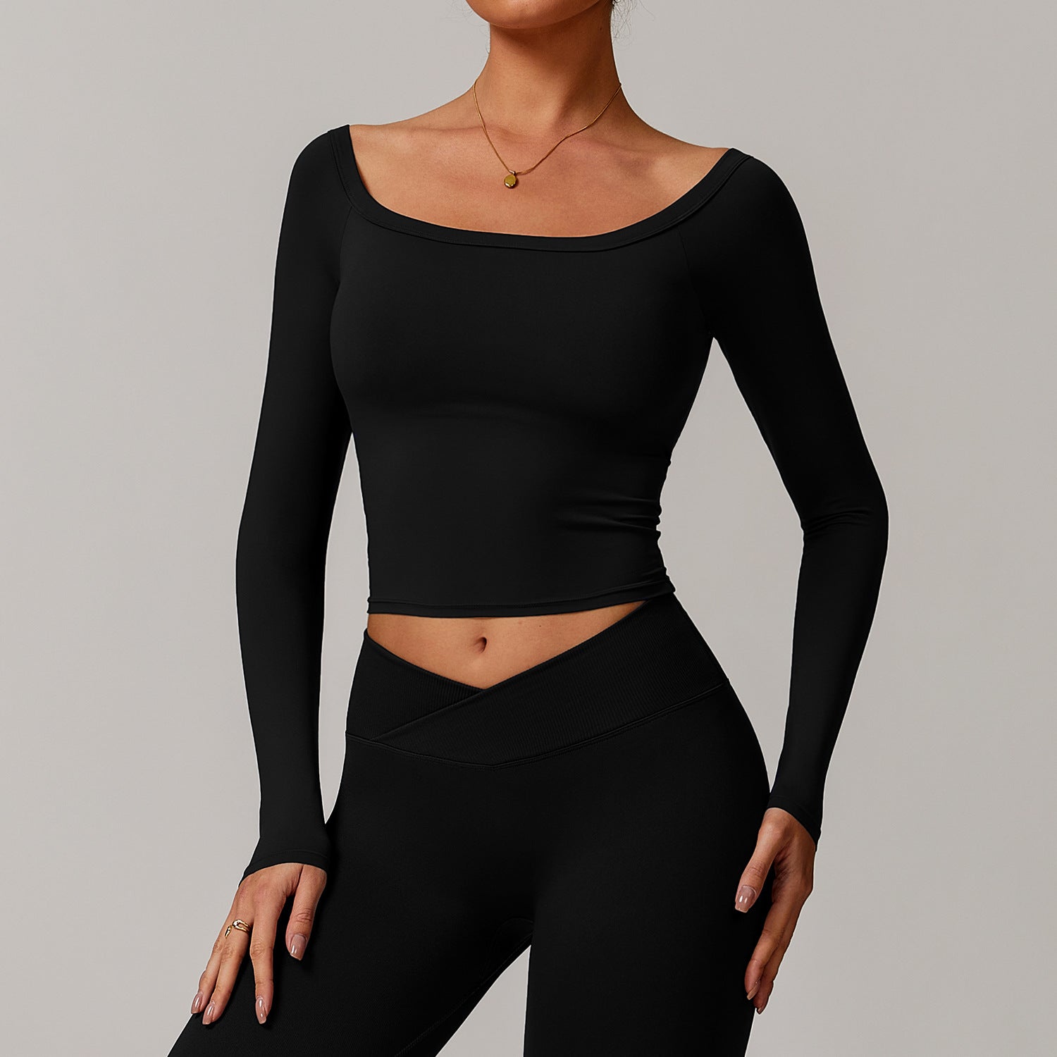 Yoga Long Sleeve T shirt Women Sexy off the Shoulder Long Sleeved Brushed Tight Sports Workout Clothes Advanced Black