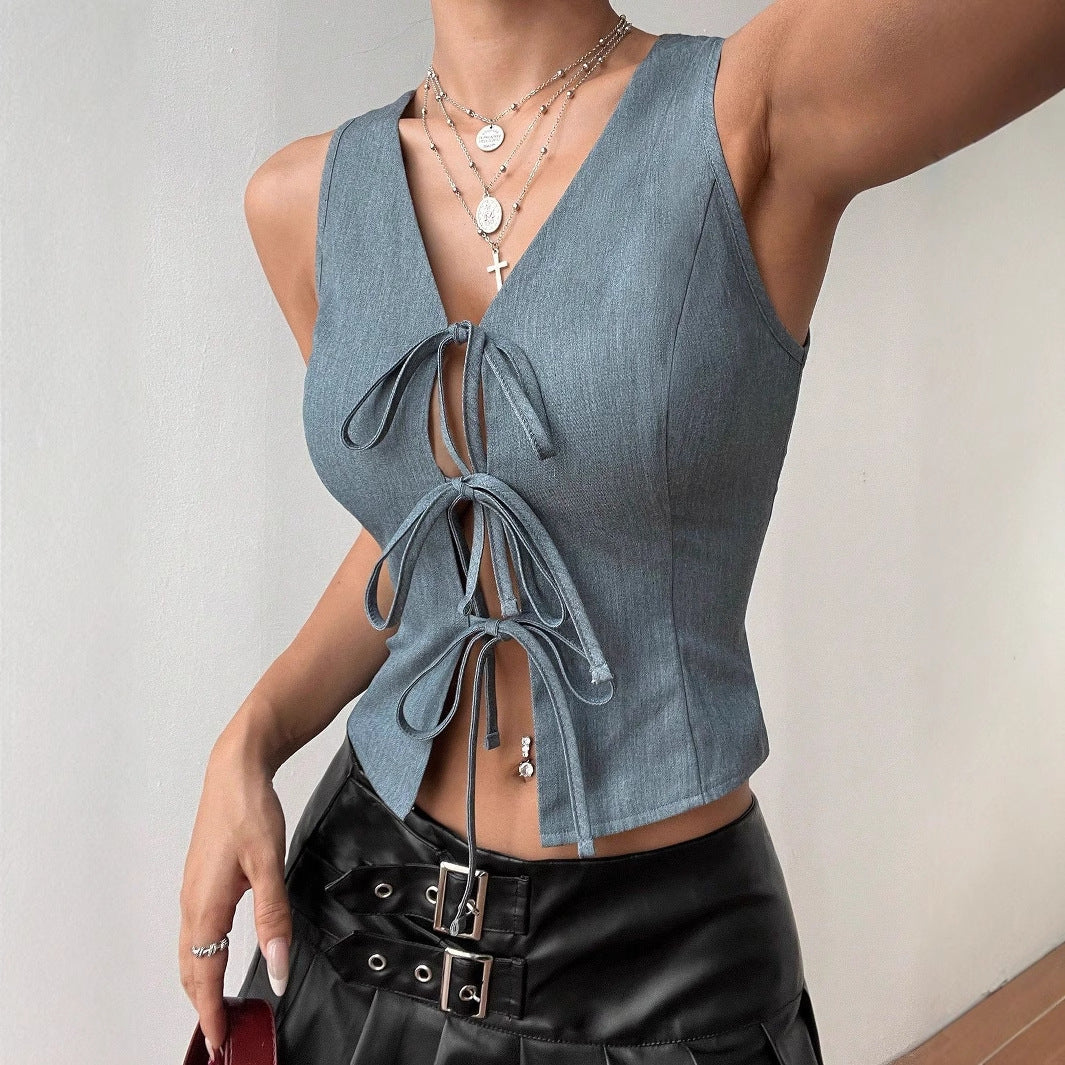 Women Clothing Summer Lace up Slim Fit Top