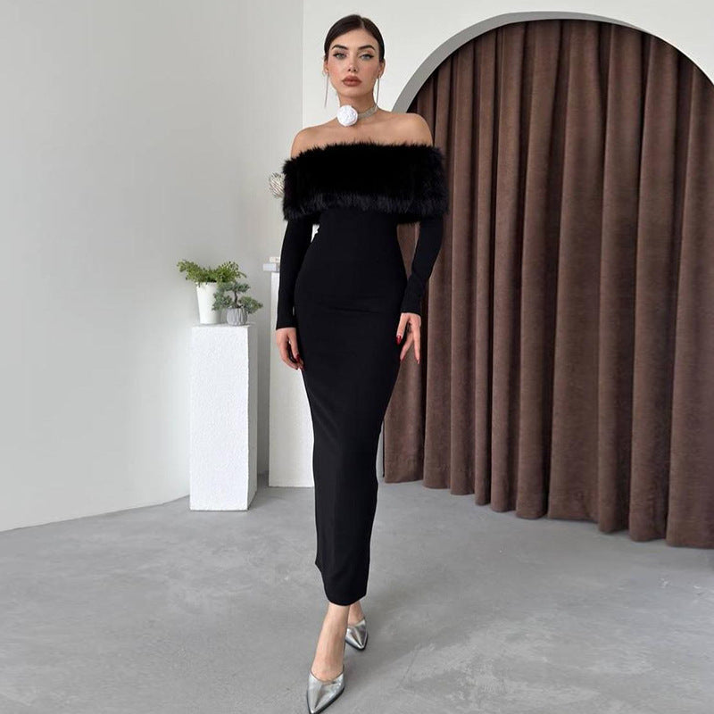 Autumn Maxi Dress Elegant off Shoulder Fur Collar Slim Fit Dress Women