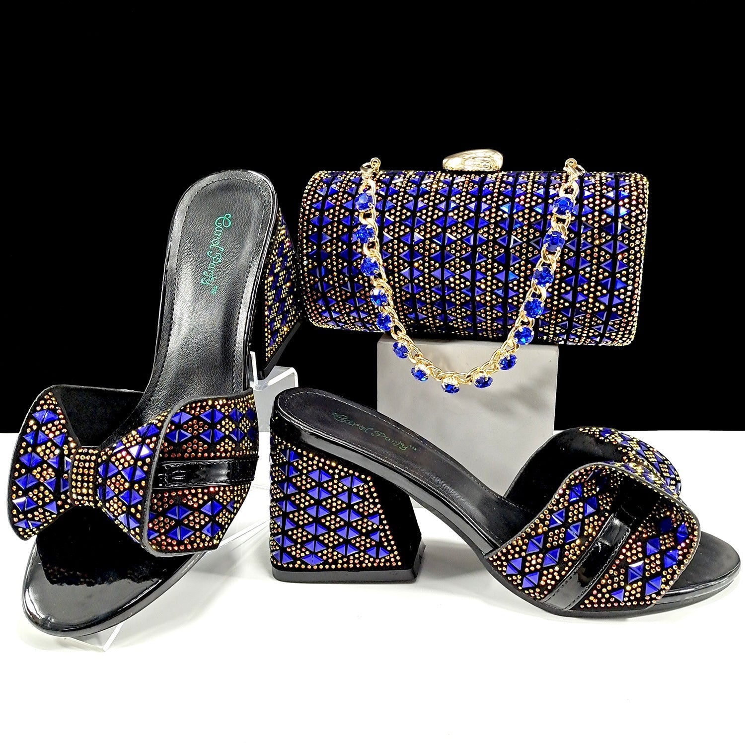 Women Shoes Bags Two Piece Sets Summer Mouth High Heel Slippers Color Matching Rhinestone Embellished Cylindrical Bag Casual Blue