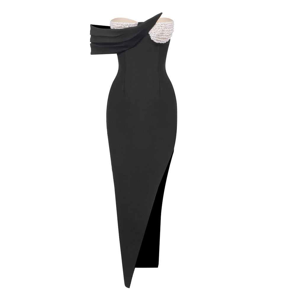 Summer Special Shaped Baroque Pearl Chest Cup Dress Women Clothing Dress Black