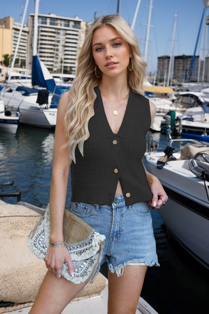 Summer Women Clothing Solid Color V neck Spaghetti Straps Knitted Button Vest Black