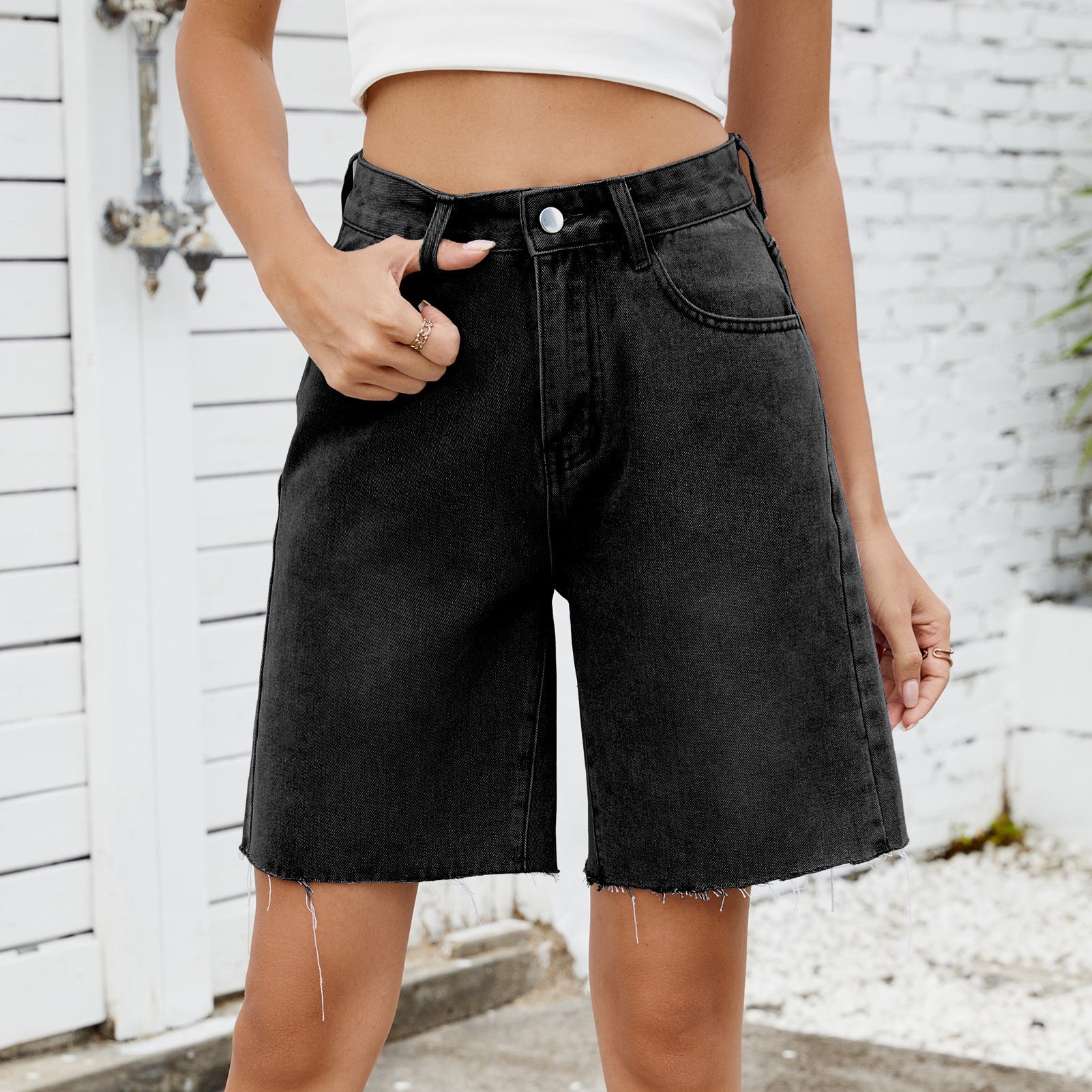 Summer Washed Straight Casual Edging Denim Shorts Women Black