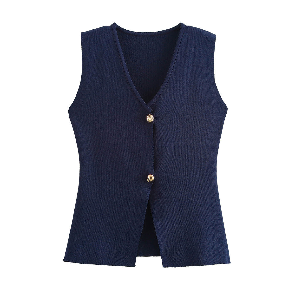 Women Golden Women Ornament Button Knitted Asymmetric Vest Top Blue