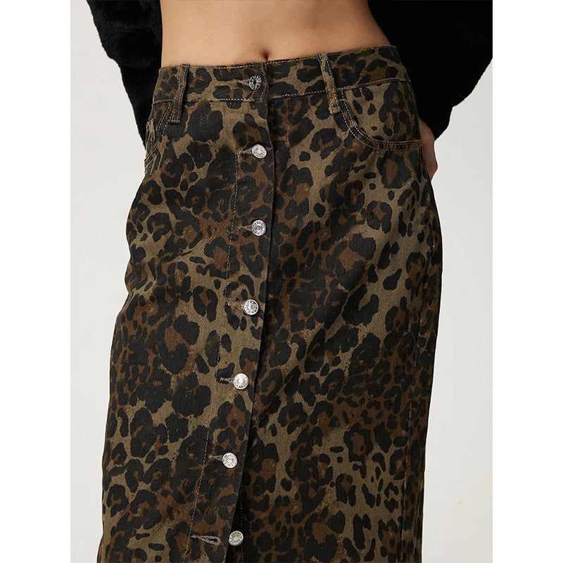 Women Clothing Vintage Leopard Print More Buttons Denim Skirt