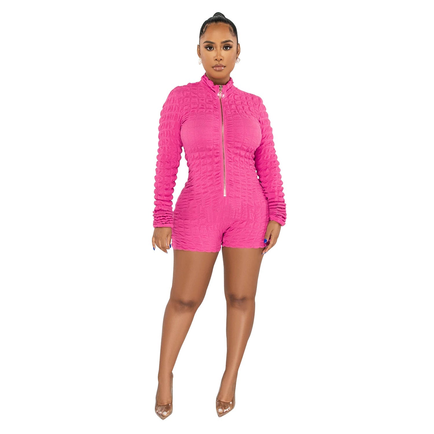 Women Wear Solid Color Long Sleeve Faux Jumpsuit Rose Red