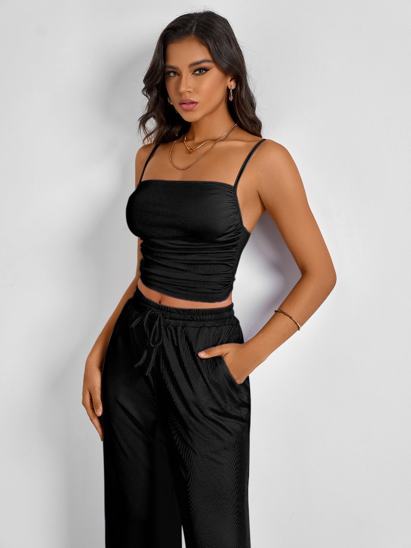 Summer Women Clothing Suit Small Sling Casual Trousers Sexy Comfortable Refined Two Piece Set Black