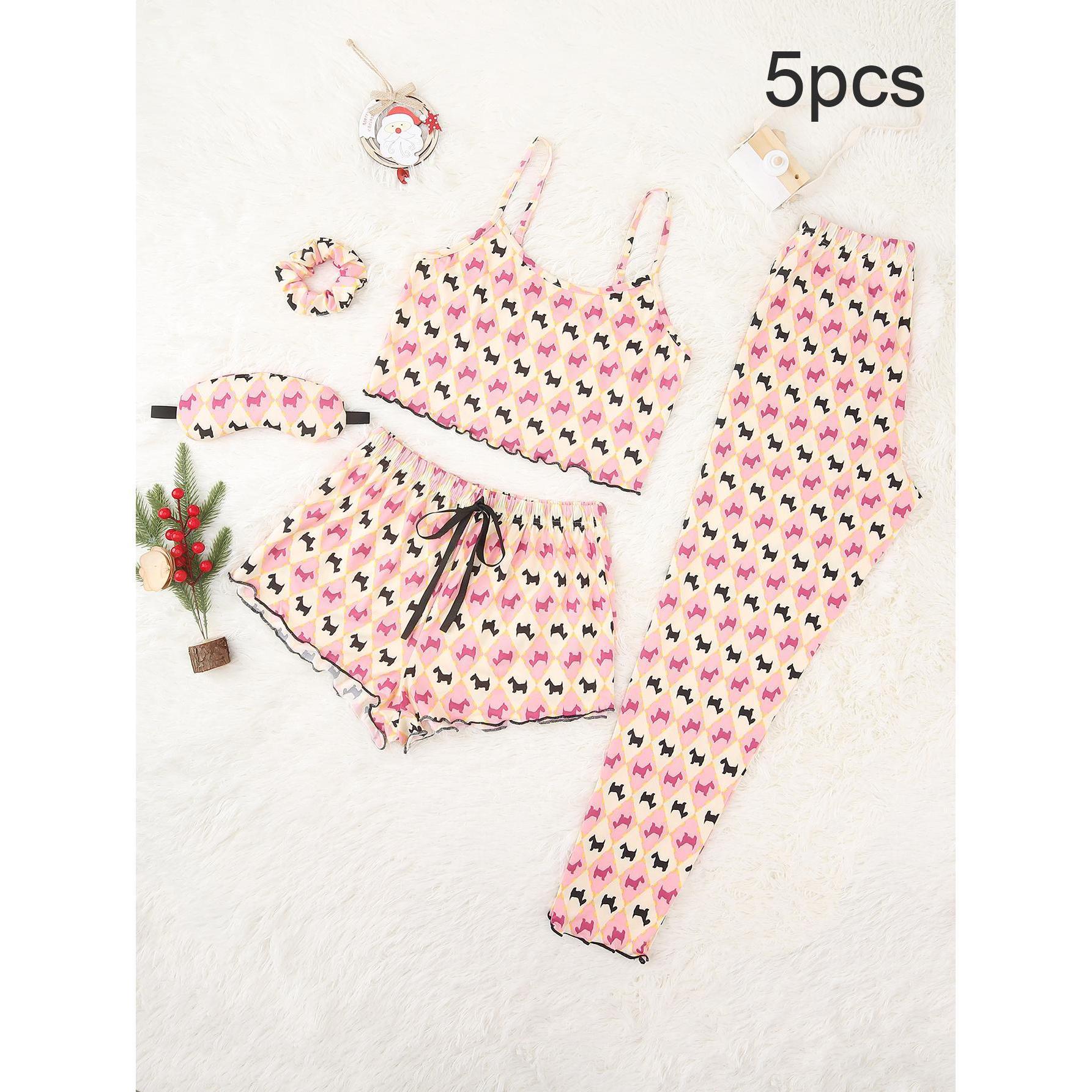 Women Spring Autumn Cute Animal Print Summer Ladies Homewear Five Piece Set Pink