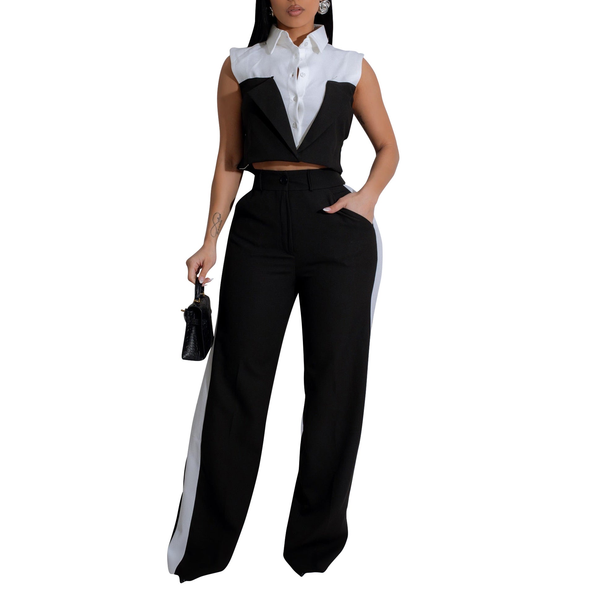 Women Clothing Shirt Sleeveless Summer Two Piece Set Faux Two Pieces Office Black