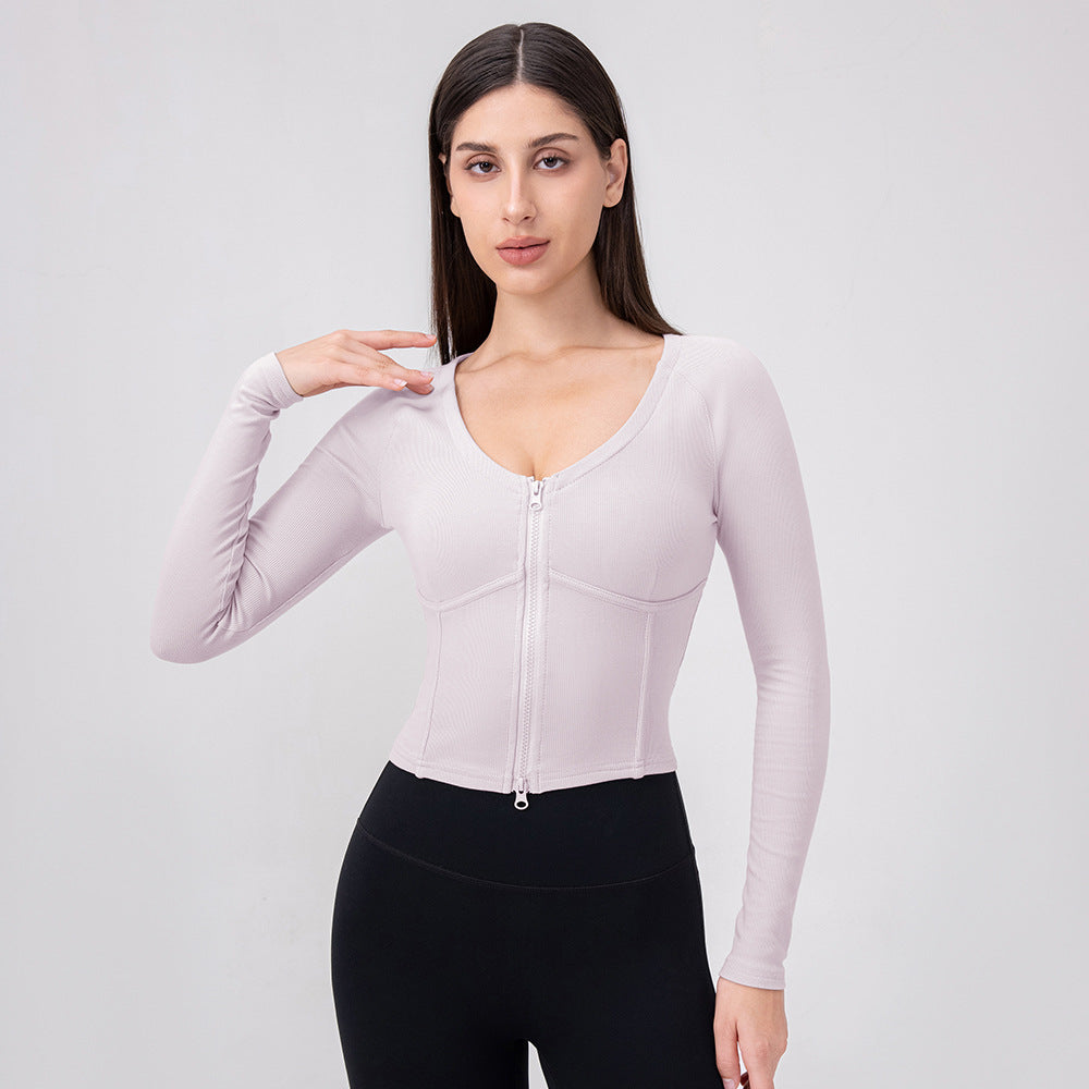 Women Autumn Winter Zipper Sports Top Boning Corset Slim Fit Thin Yoga Wear Sexy U Lead Step Workout Long Sleeve Pink