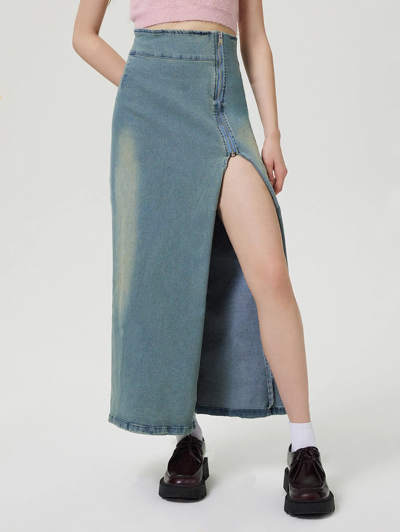 Women Clothing Casual Slit Denim Skirt Blue