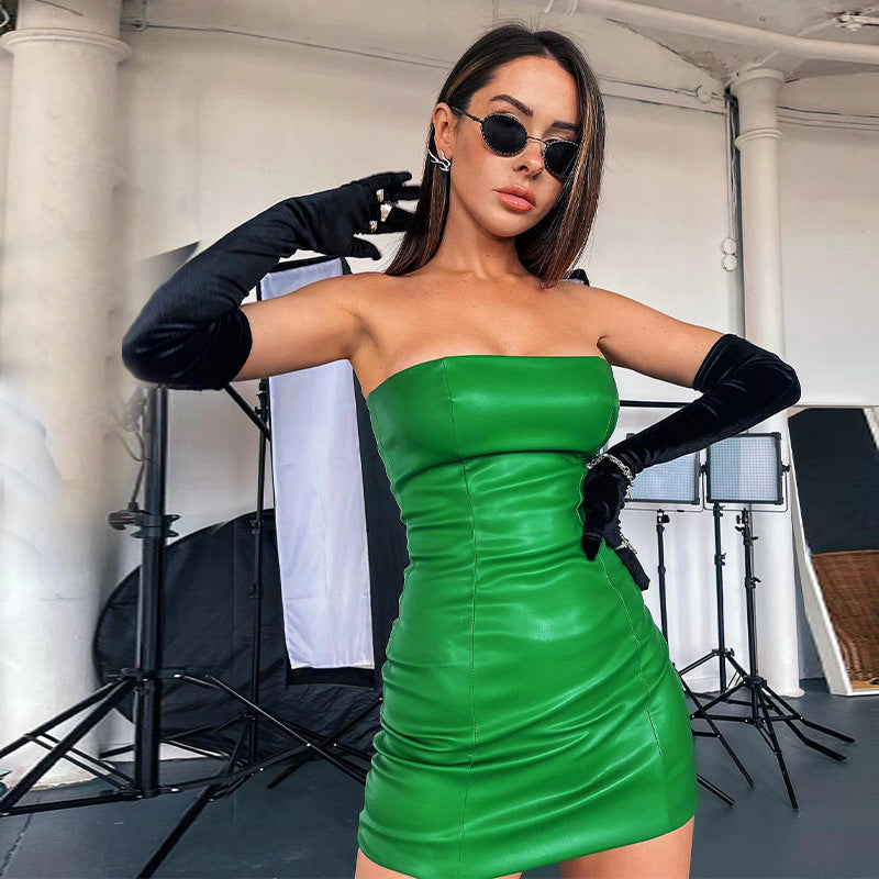 Women Clothing Popular Tube Top Faux Leather Sexy Sheath Women Dress