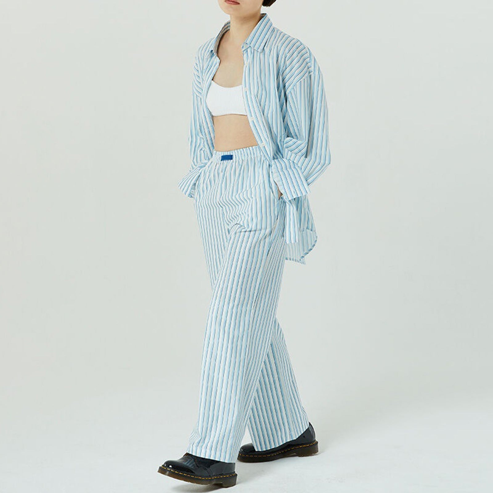 Women Clothing Striped Wide Leg Trousers Casual Street Loose High Waist Trousers Sky Blue Stripes