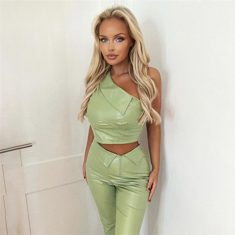 Women Clothing Summer Diagonal Collar Shoulder Vest High Waist Hip Straight Leg Trousers Set Faux Leather Women Light Green