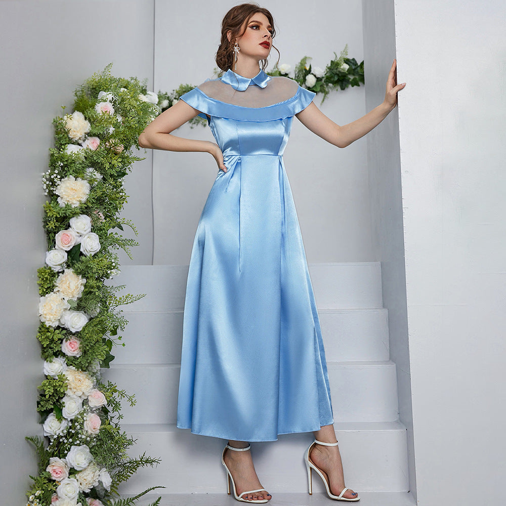 Women Clothing Summer Blue Mesh Maxi Dress High Waist A line Dress