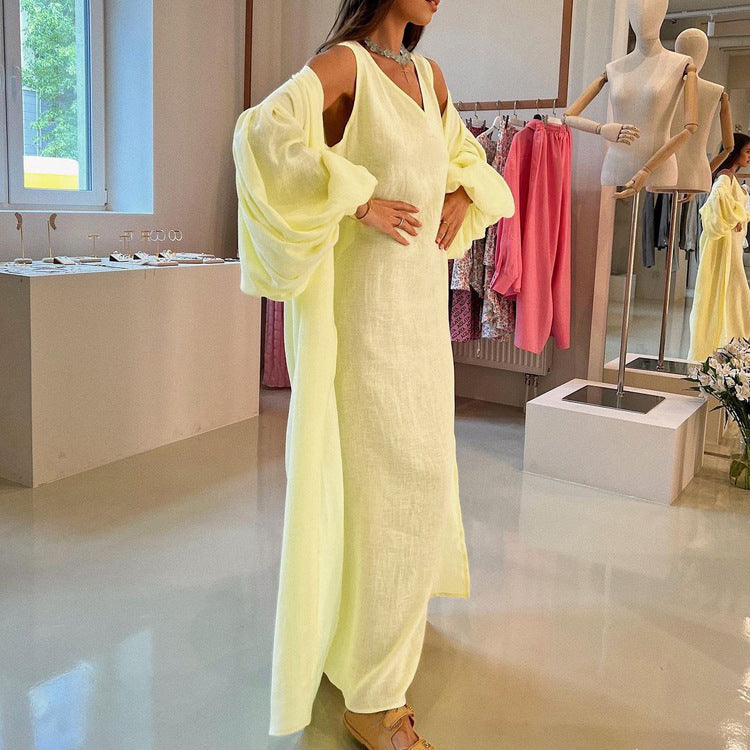 Women Clothing Spring Autumn Casual Vest Dress Puff Sleeve Solid Color Robe Suit Two Piece Set