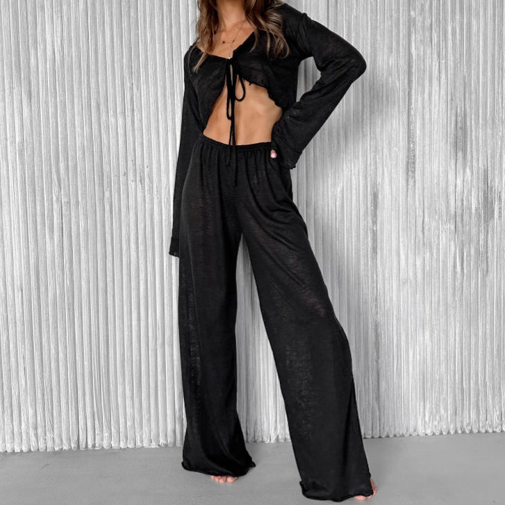 V neck Knitted Tied Lotus Leaf Cropped Top Trousers Fall Winter Two Piece Sets