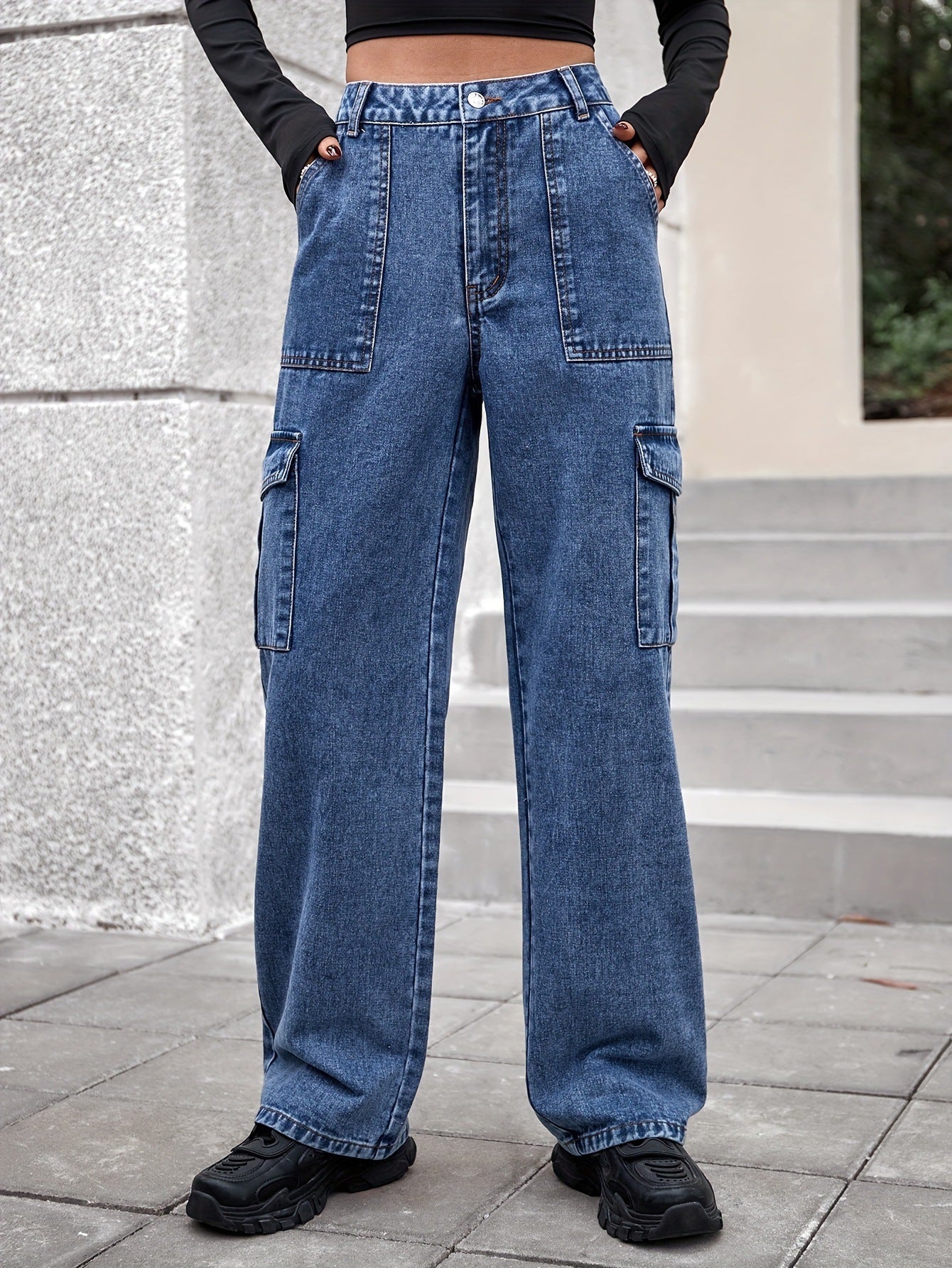 Women Clothing Tooling Multi Pocket Wide Leg Denim Trousers Blue