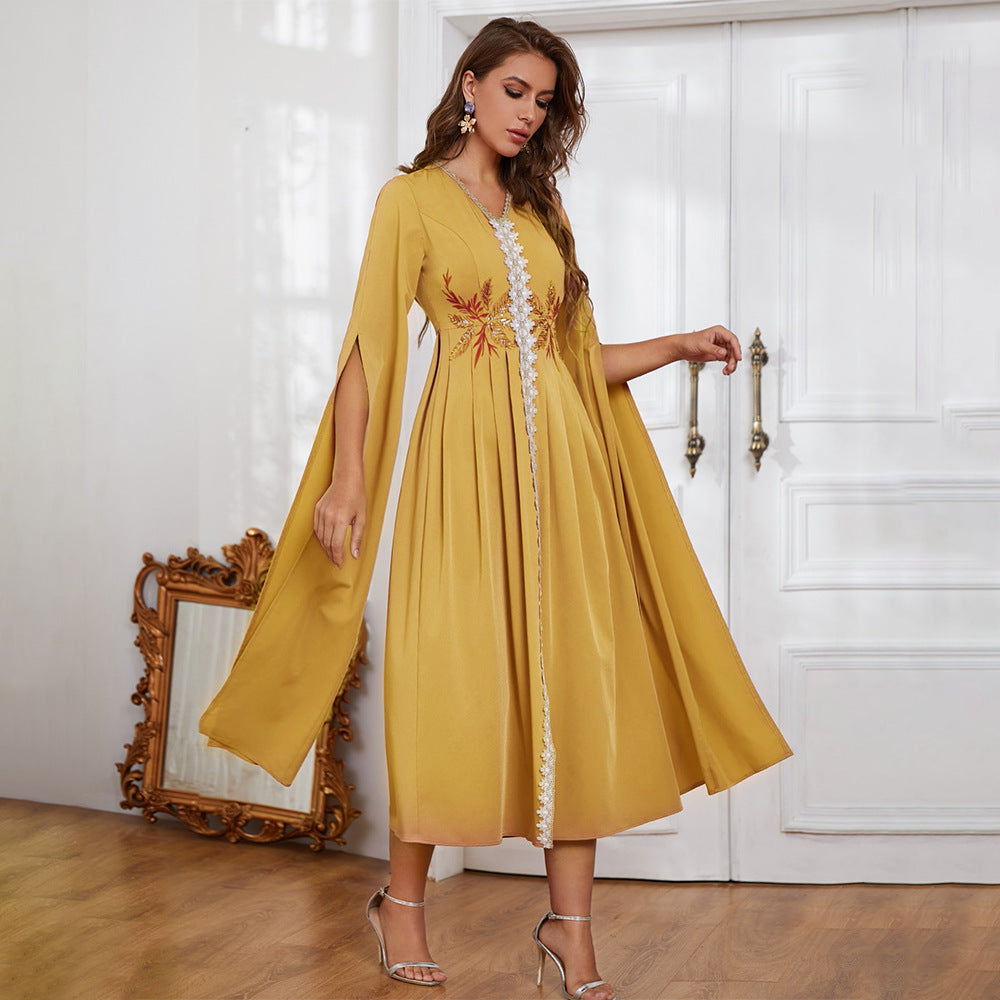 Women Clothing Dress Autumn Winter V neck Embroidery Irregular Asymmetric Maxi Dress