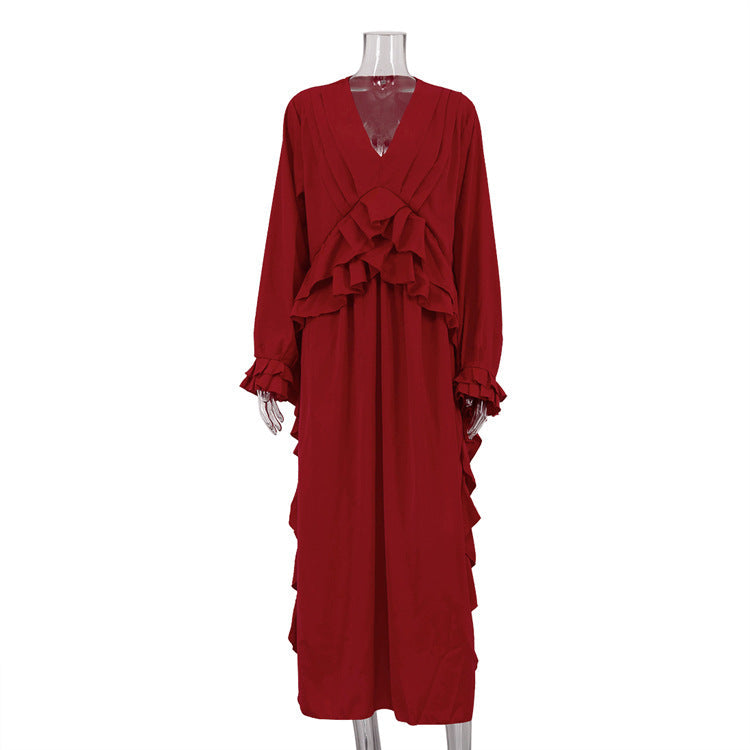 Women Clothing French Design Ruffled Long Sleeve Dress Red V neck Casual Dress Red