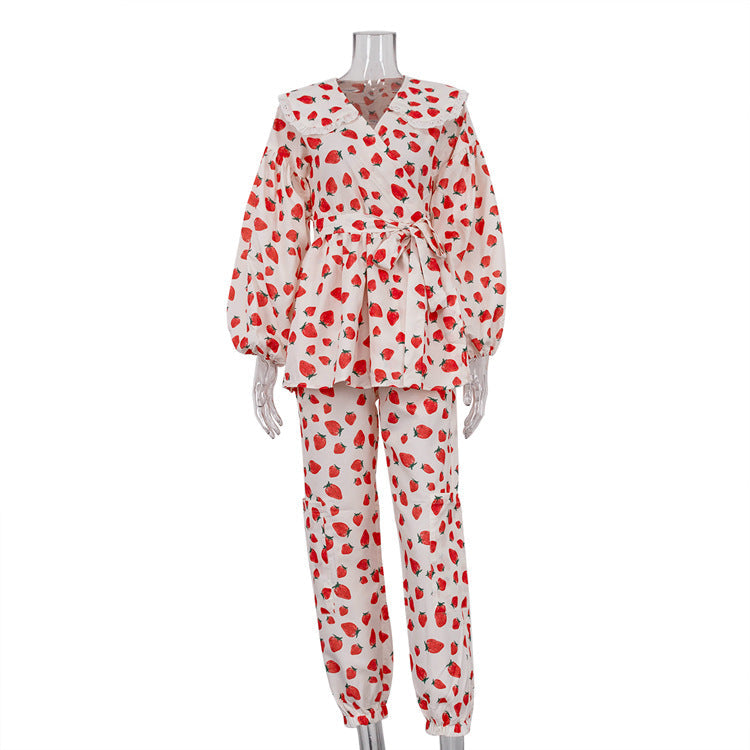 Women Strawberry Printed Peter Pan Collar Lace up Loose Top Ankle Banded Pants Spring Wear Suit Red