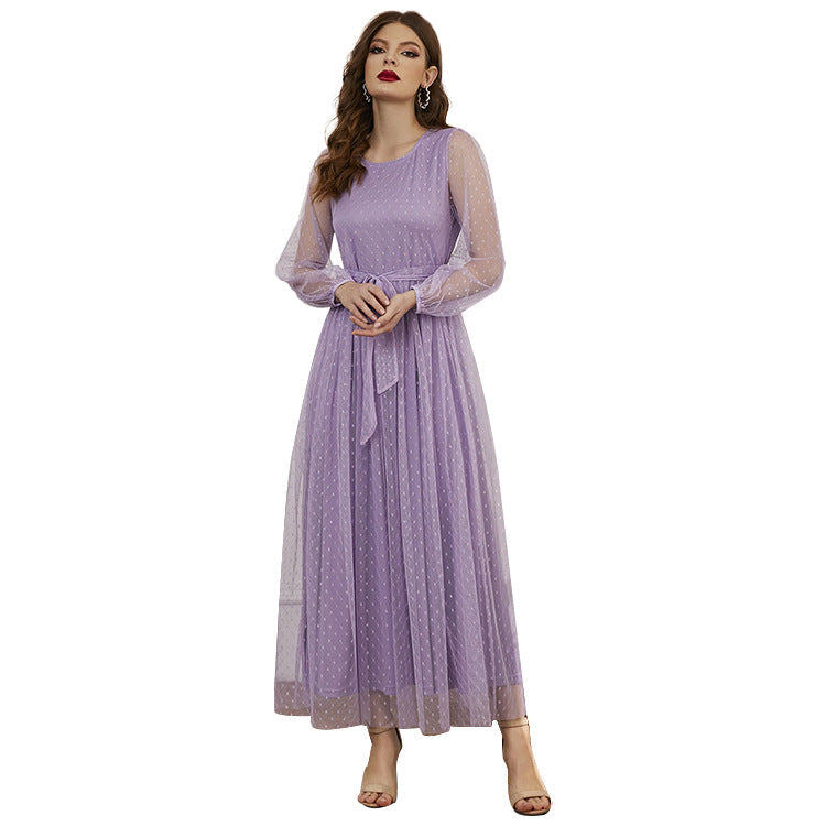 Women Clothing Autumn Winter Casual Round Neck Stitching Mesh Dress M Lavender