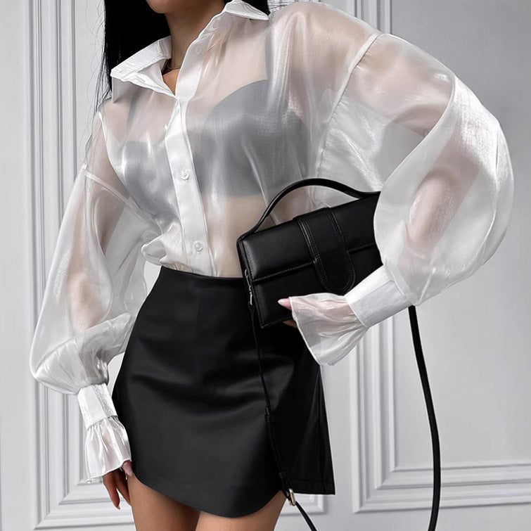 Spring Summer White Collared Sexy See through Yarn Shirt Ruffle Top