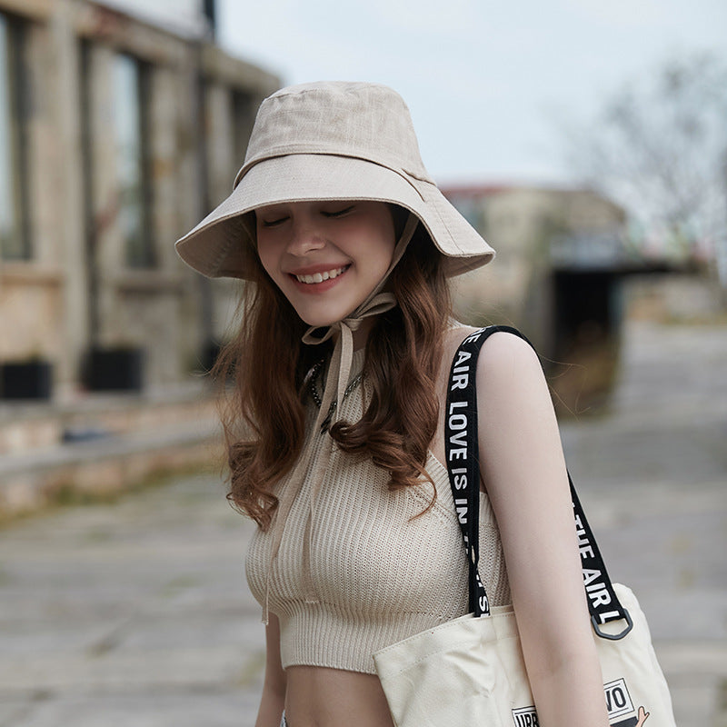 Spring Summer Casual Sun Proof Lace up round Face Wide Brim Dome Bucket Hat Big Head Circumference Face Looking Small Sun Hat One Size Khaki