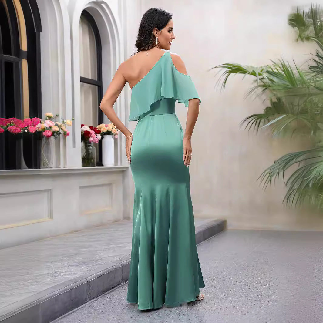 Women Clothing Diagonal Collar off the Shoulder Dress Solid Color Waist Tight Elegant Graceful Dress High Slit Maxi Dress