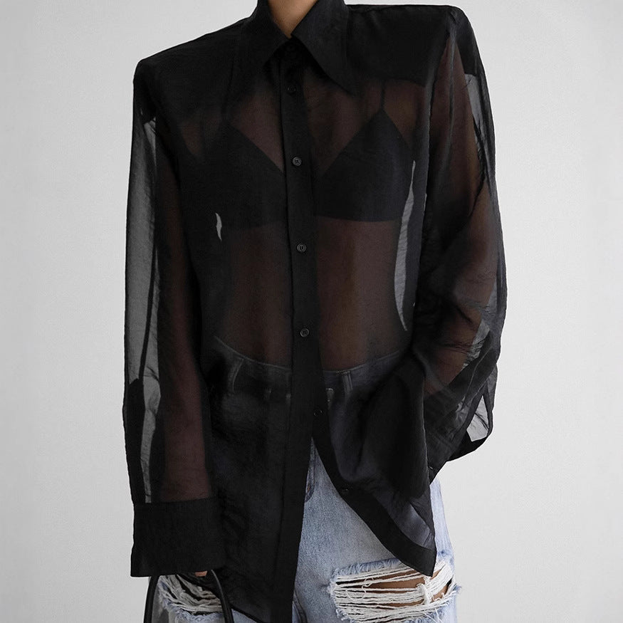 Spring Summer Elegance Retro See through Mesh Loose Long Sleeved Shirt Cardigan Women Black