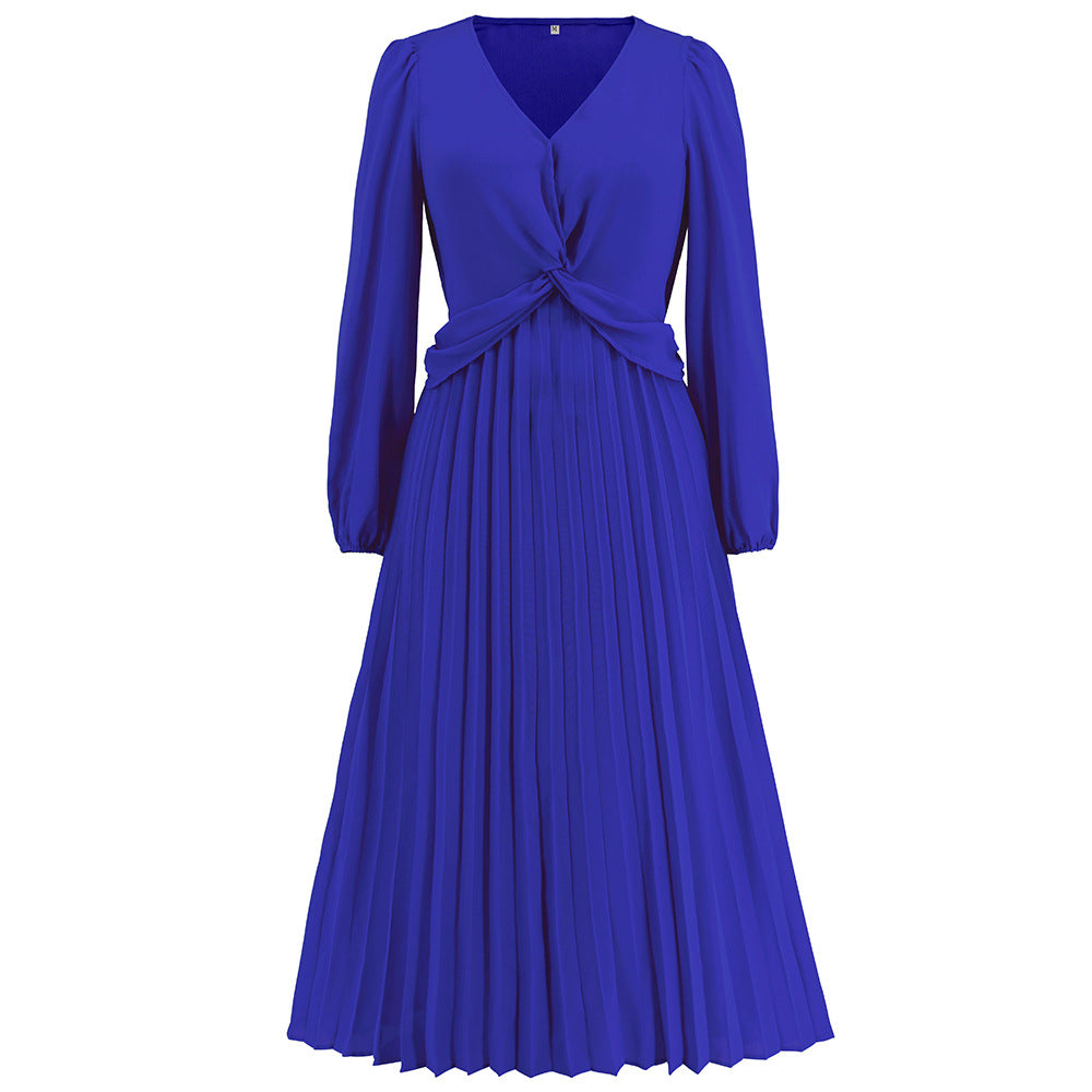 Women Clothing Long Sleeve V Neck Slim Fit Pleated Dress Solid Color Lantern Sleeve Maxi Dress Popular Blue