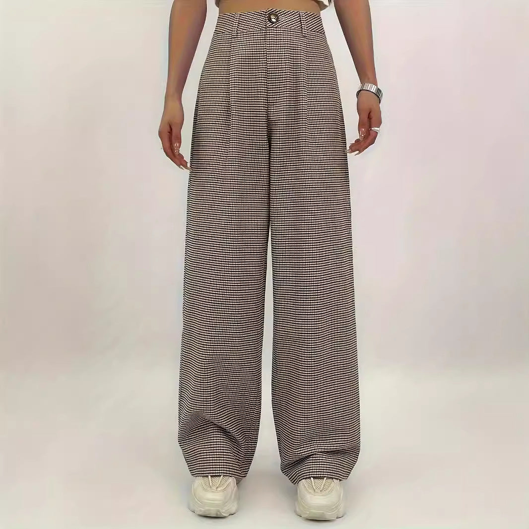 Women Clothing Spring Autumn High Waist Plaid Printed Straight Leg Pants Pleated Loose All Match Casual Wide Leg Pants