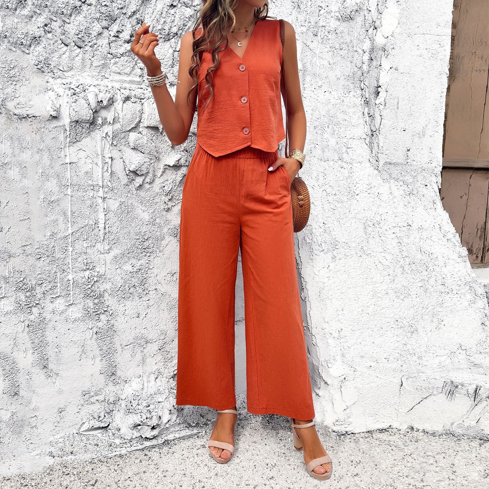 Women Wear Spring Summer Casual Solid Color Vest Suit Orange