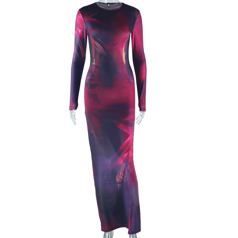 Women Clothing Elegant Printed Long Sleeve Slim Fit Sexy One Step Dress Split round Neck Maxi Dress Fuchsia