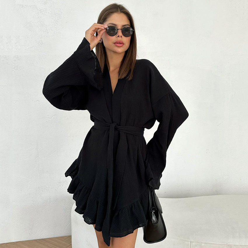 Women Clothing Solid Color Long Sleeved Pajamas Lace up Belt Cardigan Loose Shorts Ruffled Home Two Piece Set Black