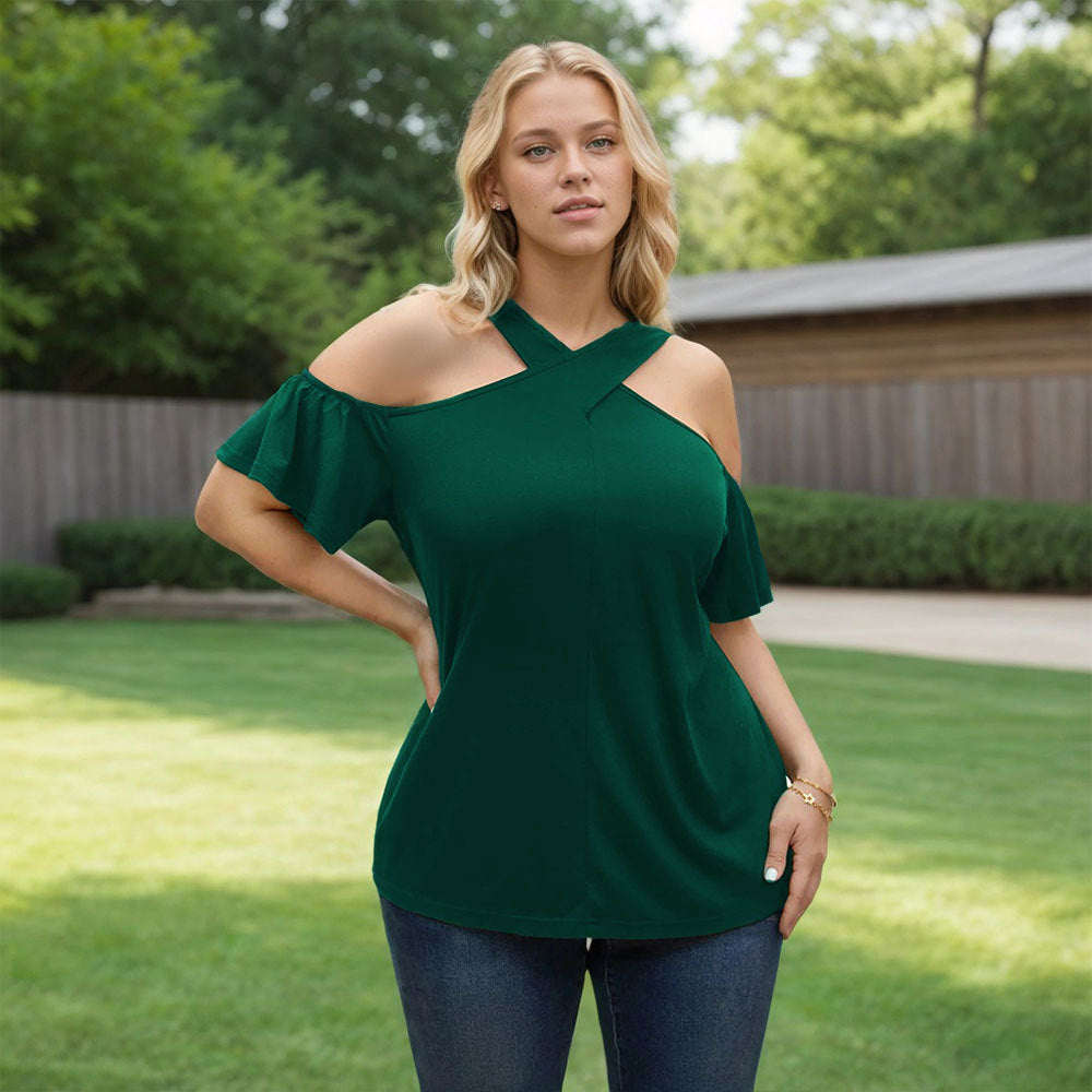 Women Clothing Spring Summer Elegant Graceful T shirt Cross Halter off the Shoulder Top Green