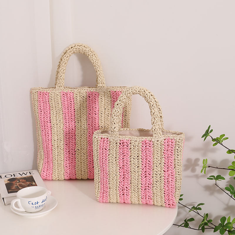 Vertical Stripes French Straw Bag Portable Contrast Color Straw Bag Woven Bag Women's Bag Seaside Vacation Beach Bag