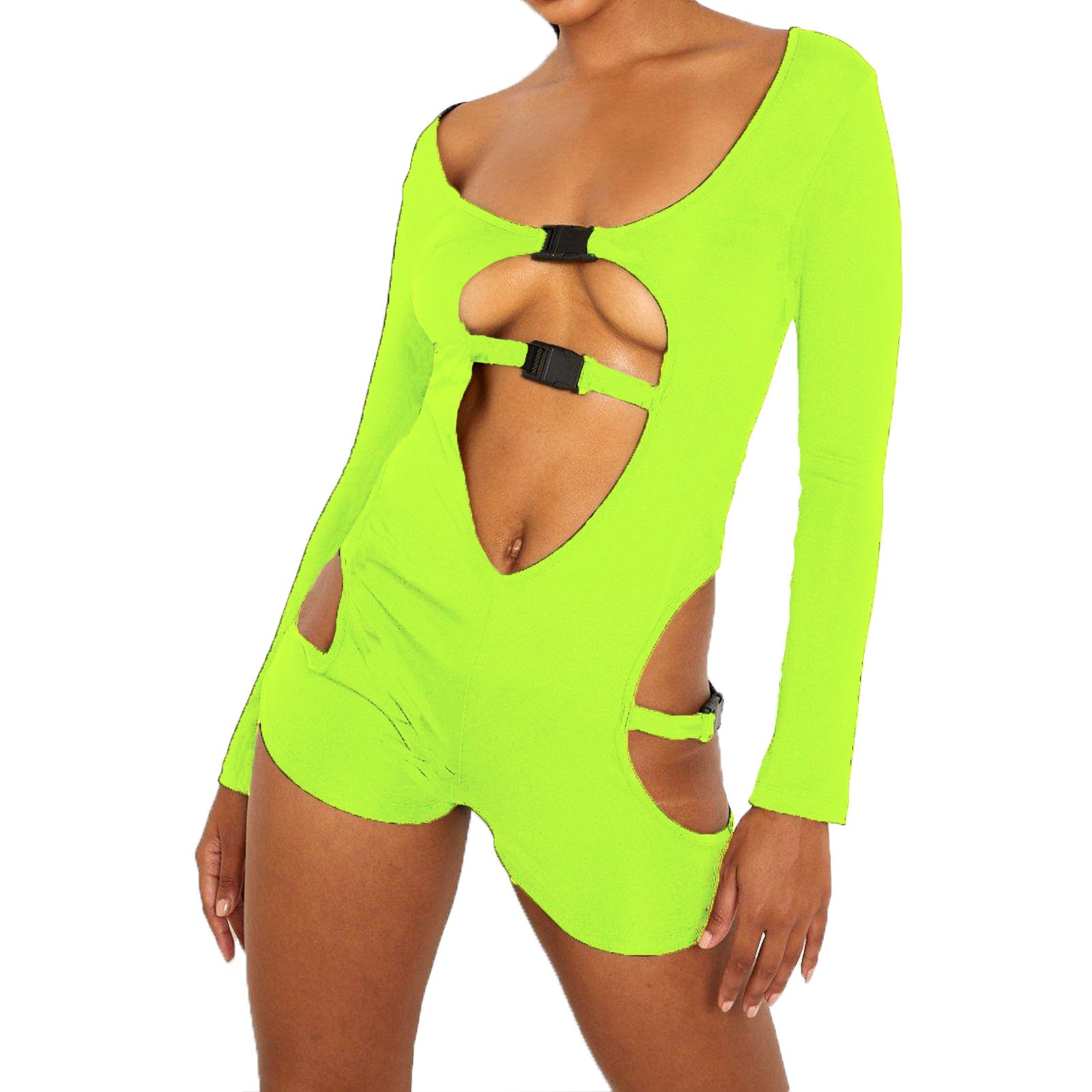 Women Sexy Hollow Out Cutout Release Buckle Hollow Out Cutout out Long Sleeve Casual Romper