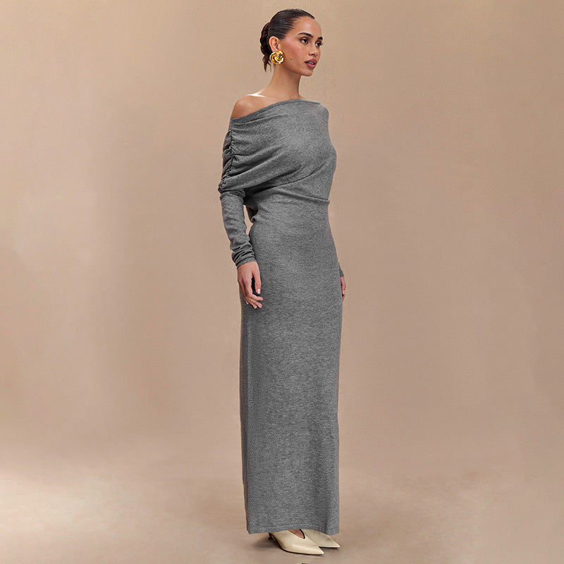 Women Clothing Solid Color Diagonal Collar Drop Shoulder Long Sleeve Waist Tight Maxi Dress